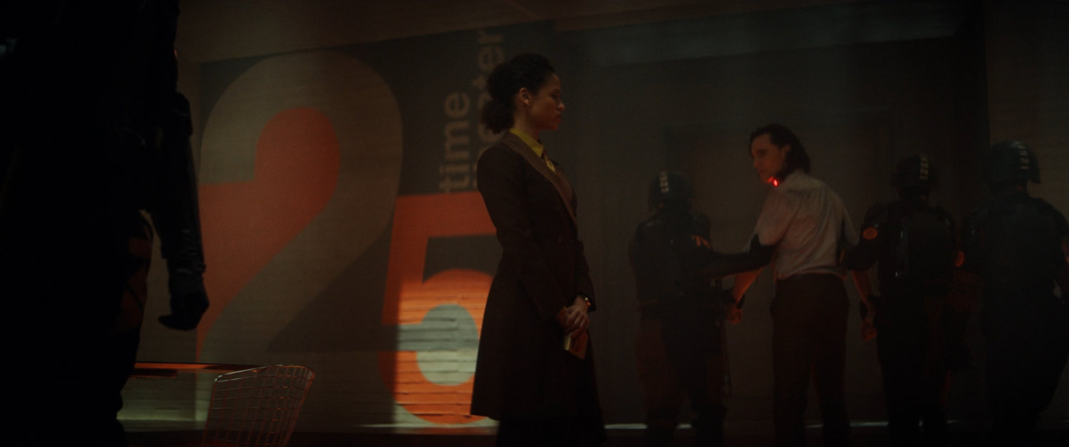 Ravonna Renslayer, Loki, and Hunter's inside TVA Time Theater.