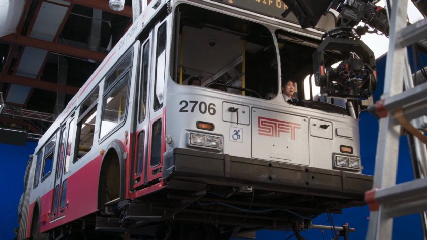 Behind the scenes photo of San Francisco bus in front of blue screen.