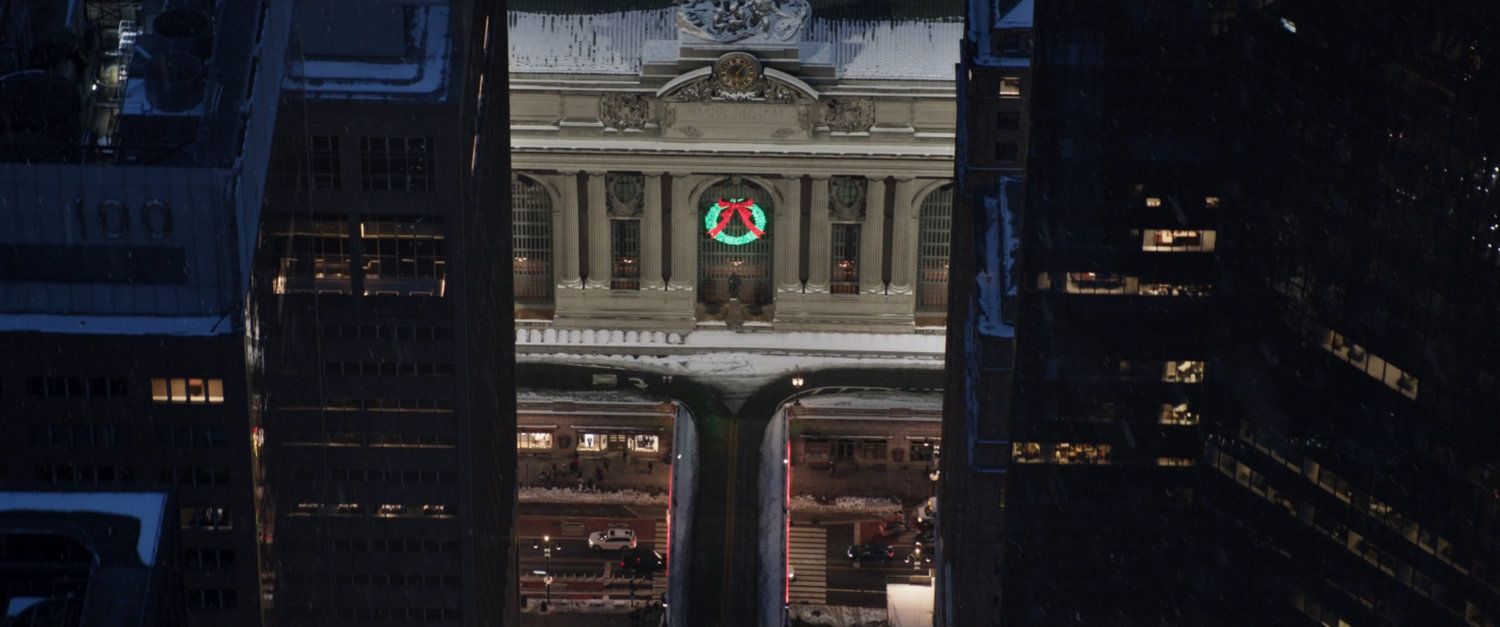 Nighttime aerial view of New York City Grand Central Terminal.
