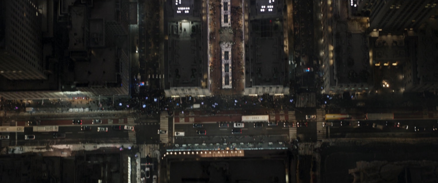 Nighttime aerial view of Rockefeller Center in New York City.