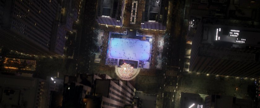 Nighttime aerial view of Rockefeller Center in New York City.