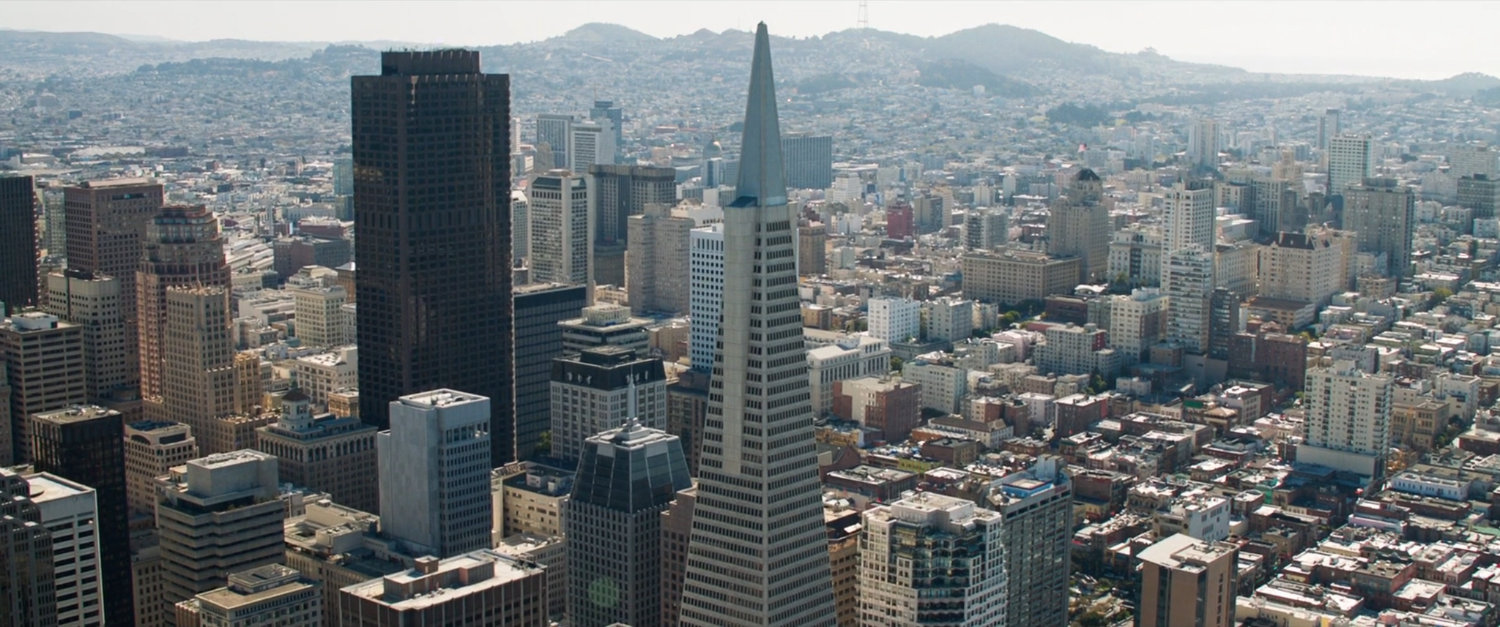 Aerial view of San Francisco and the TransAmerica pyramid.