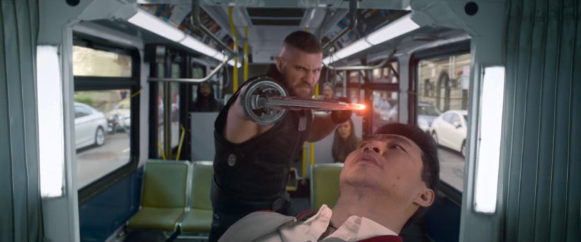 RazorFist swings his blade over Shaun's head while on a San Francisco metro bus.