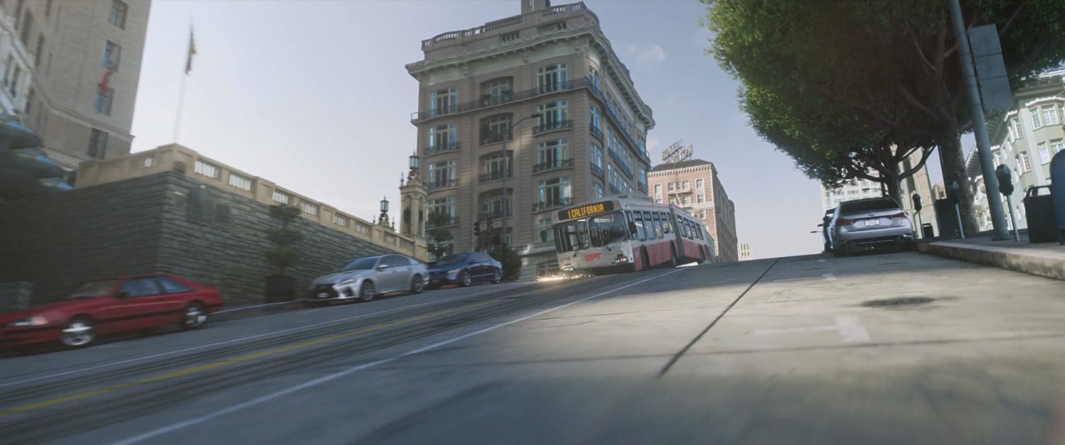 A bus lurches down a San Francisco hill.