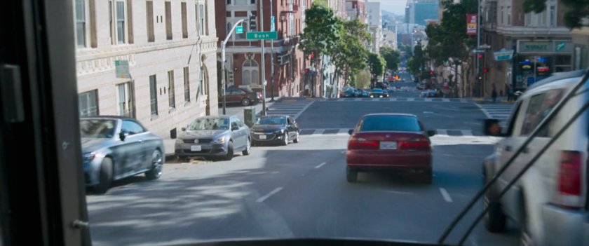 POV of upcoming San Francisco intersection.