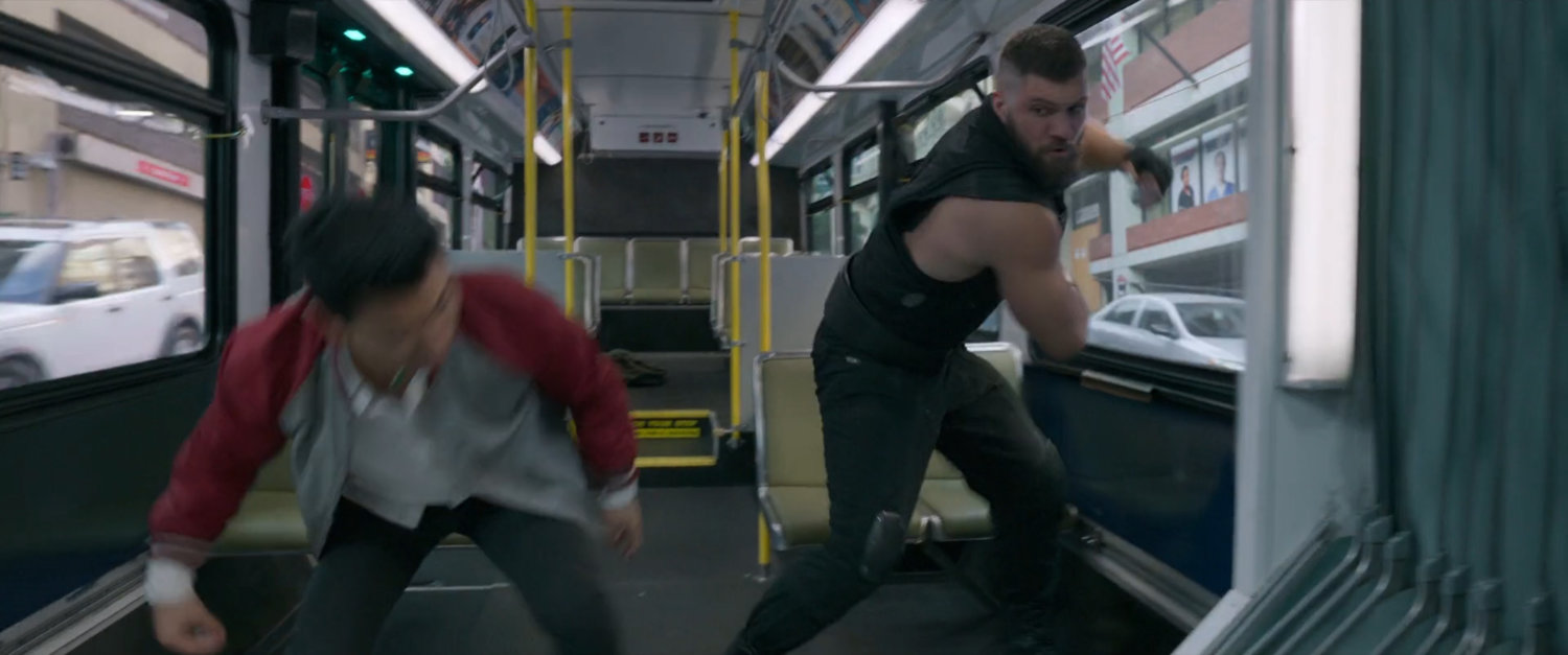 Shaun and RazorFist fight on a San Francisco metro bus.