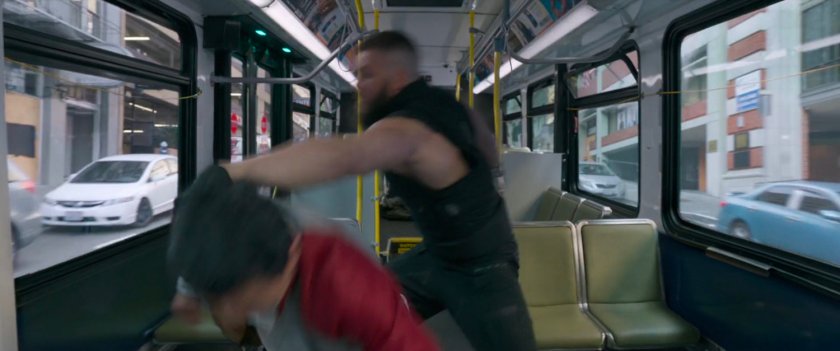 Shaun and RazorFist fight on a San Francisco metro bus.
