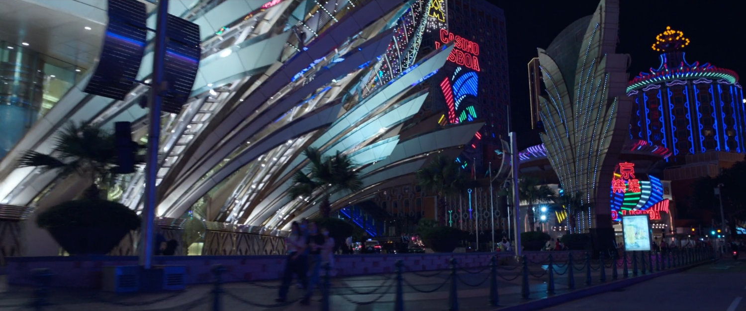 Nighttime view of the Grand Lisboa casino in Macau.