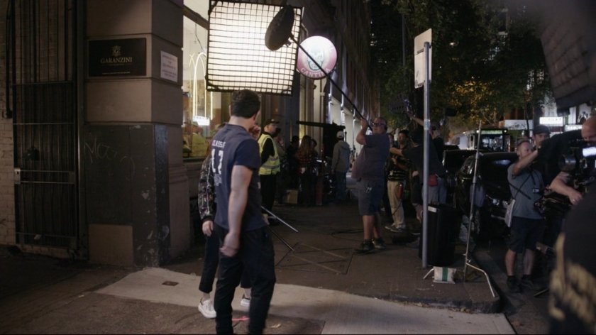 Behind the scenes image of filming of San Francisco alley.
