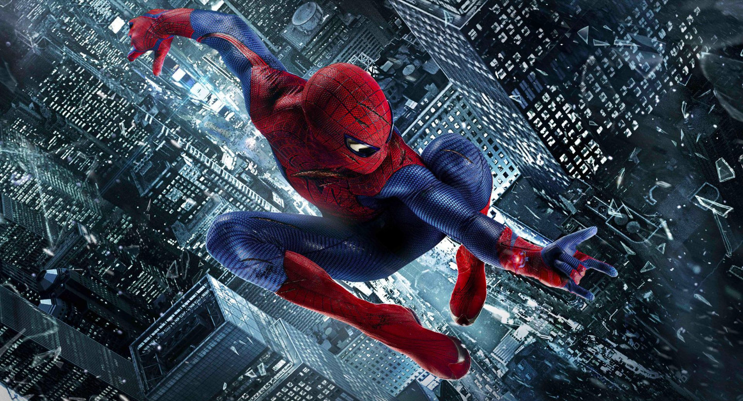 Spider-Man leaps acrobatically over New York City at night.