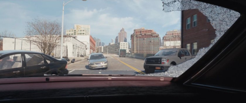 View of car chase from inside car.