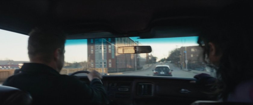 View of car chase from inside car.