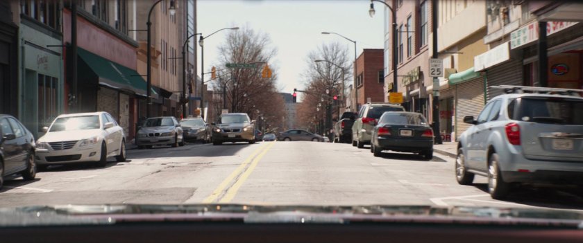 View of red traffic light at New York intersection.