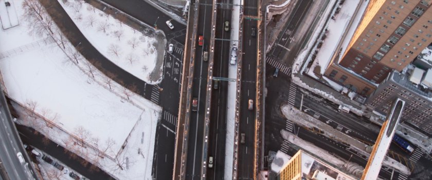 Aerial of traffic entering Manhattan Bridge.