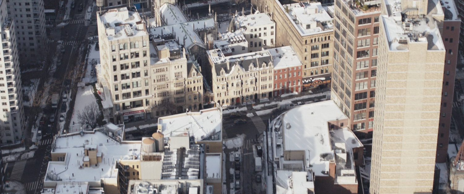 Aerial of snowy New York city.