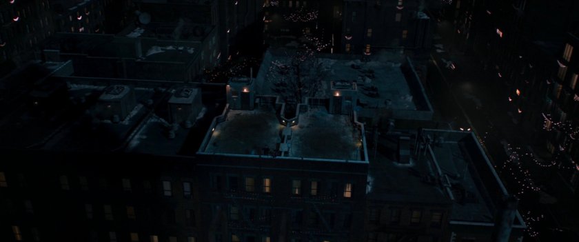 Aerial of rooftops above Maya Lopez's apartment.