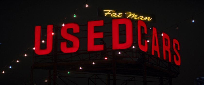 Snipe in the neon sign for Fat Man Used Cars.