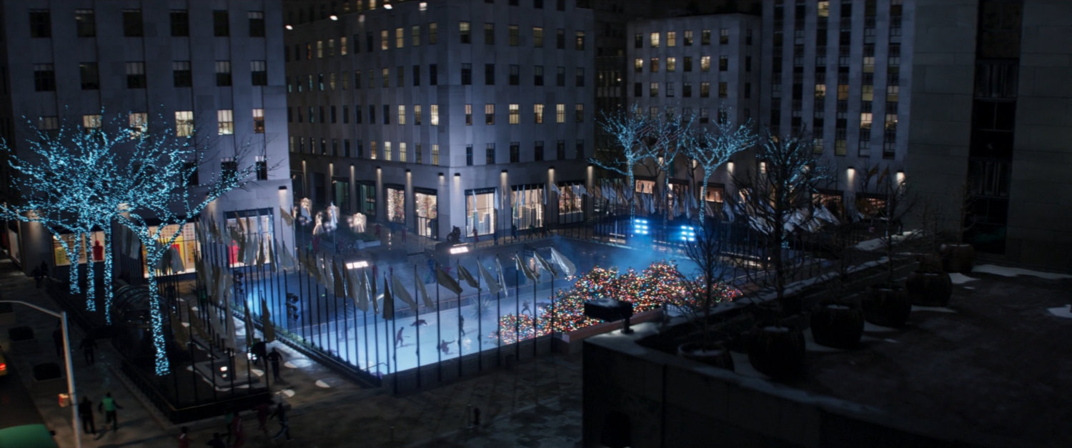 High angle view of the ice rink at Rockefeller Center decorated for Christmas.