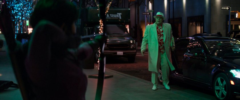 Kingpin on sidewalk outside FAO Schwarz toy store.