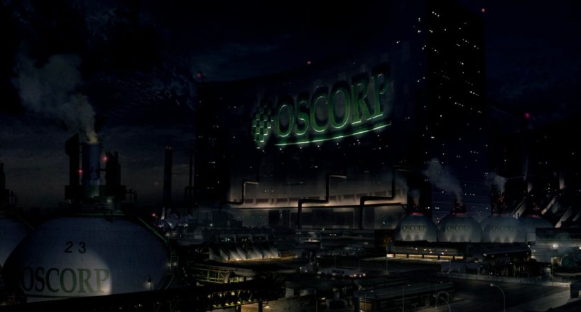Exterior of the Oscorp Manufacturing Plant at night.