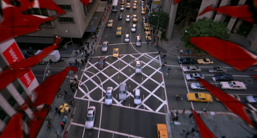 Aerial of city intersection.