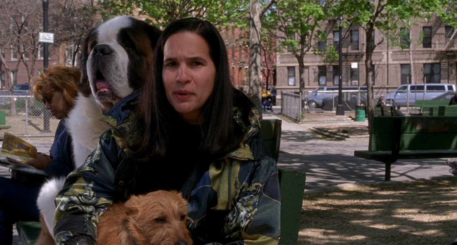 Woman and dogs at park being interviewed.