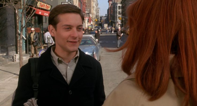 Peter Parker talks to Mary Jane outside Moondance diner.