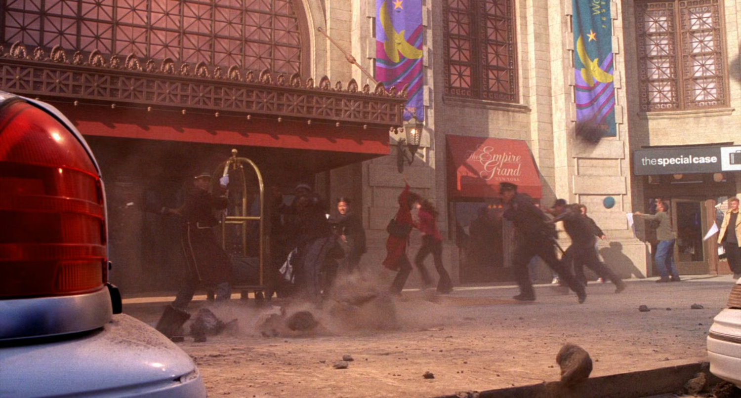 Exterior of the Empire Grand Hotel with debris.
