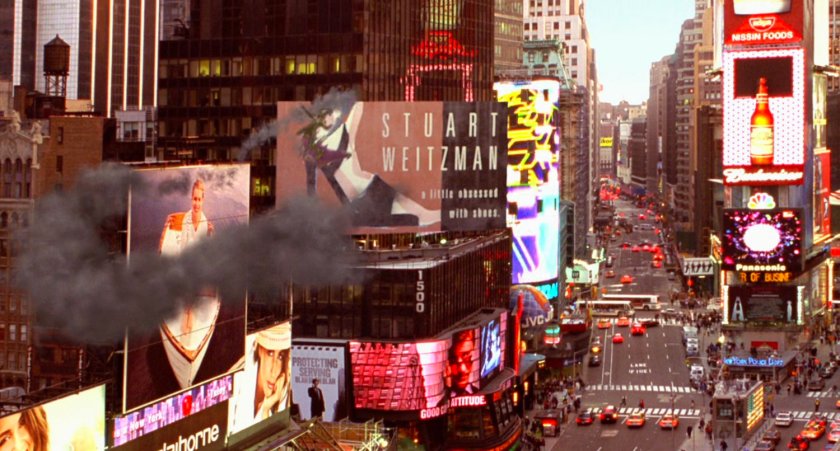 Green Goblin flies above Time Square.