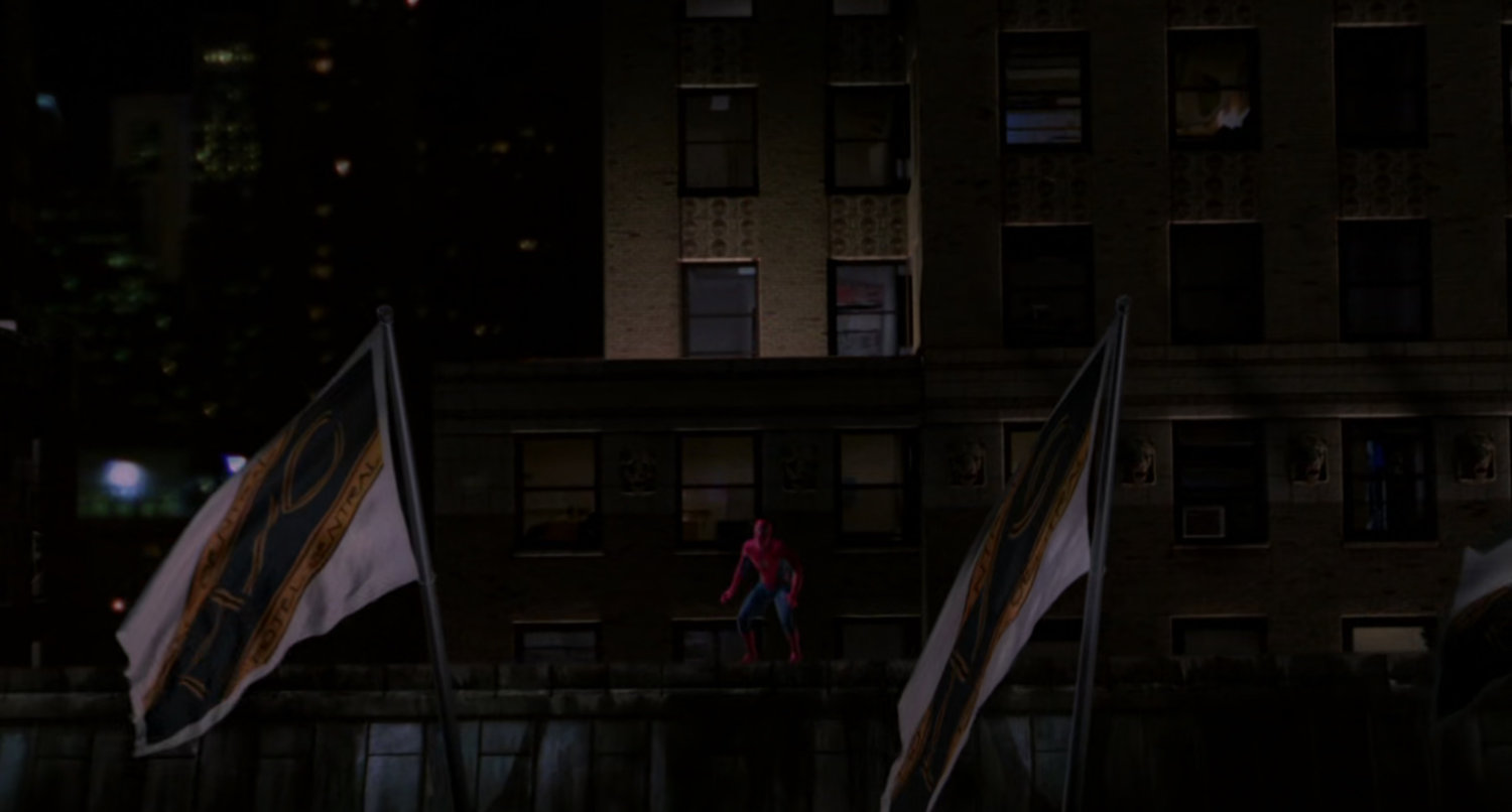 Spider-Man on roof of Hotel Central.