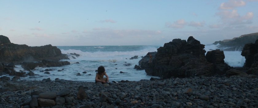 A young boy on a rocky coastline.