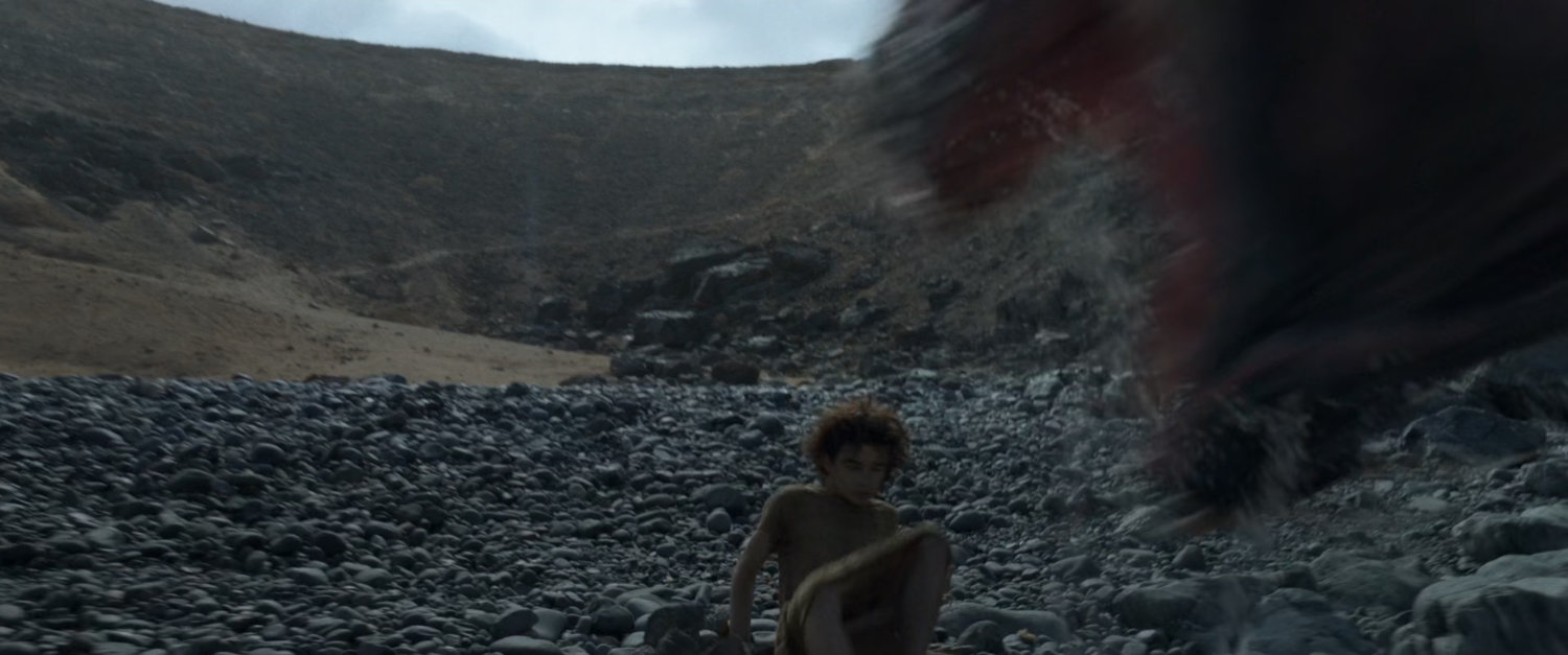 A young boy on a rocky beach is attacked by a monster.