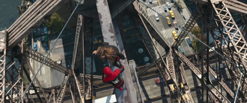 High angle shot of Spider-Man and MJ standing on the Queensboro Bridge.