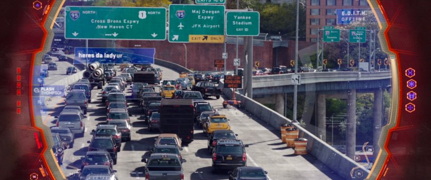 Telescopic Spider-View of traffic on the Alexander Hamilton Bridge.