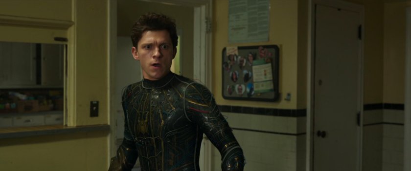 Peter in a black Spider-suit inside the FEAST shelter.