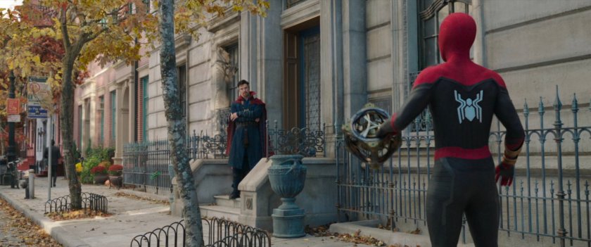 Doctor Strange and Spider-Man standing in front of the Sanctum Sanctorum.
