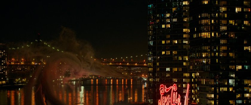Nighttime view of sand storm outside Long Island City apartment building.