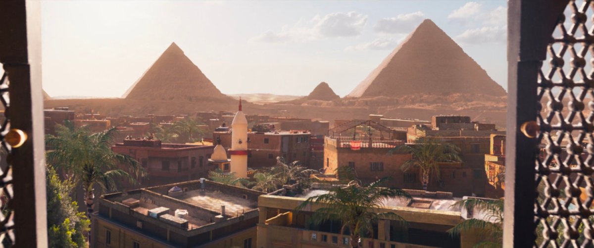 Establishing shot of Giza and the two pyramids in the background.