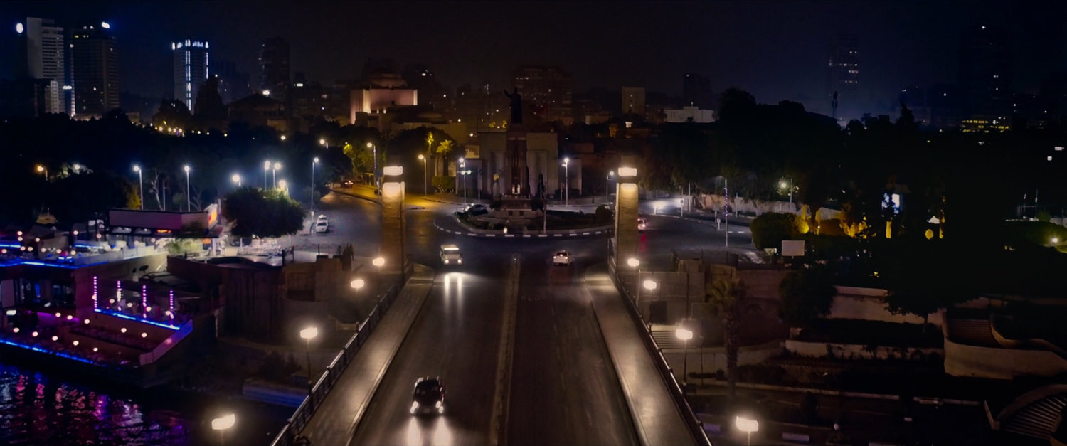 Nighttime aerial of downtown Cairo.