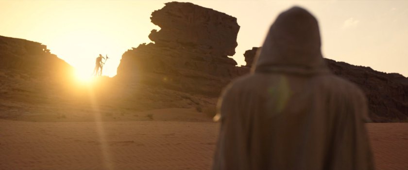 Khonshu on a rocky outcropping in the Egyptian desert.