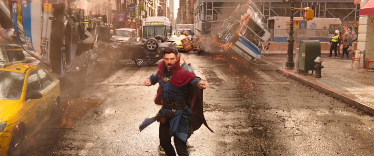 Doctor Strange flexes on the street of New York after slicing a bus in half.