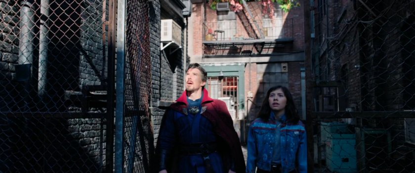 America and Dr Strange in New York alley.