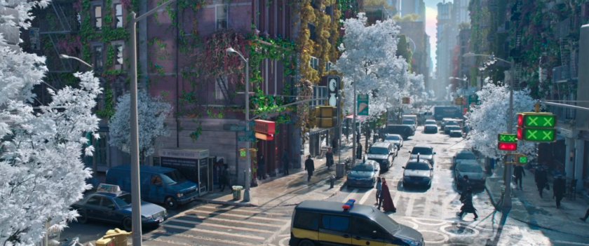 View of flowery alternate New York city. intersection