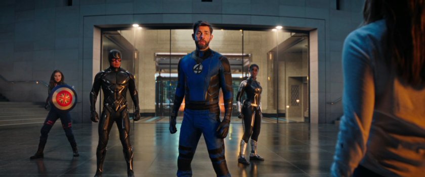 Captain Carter, Black Bolt, Mr Fantastic and Captain Marvel in Illuminati Headquarters atrium.