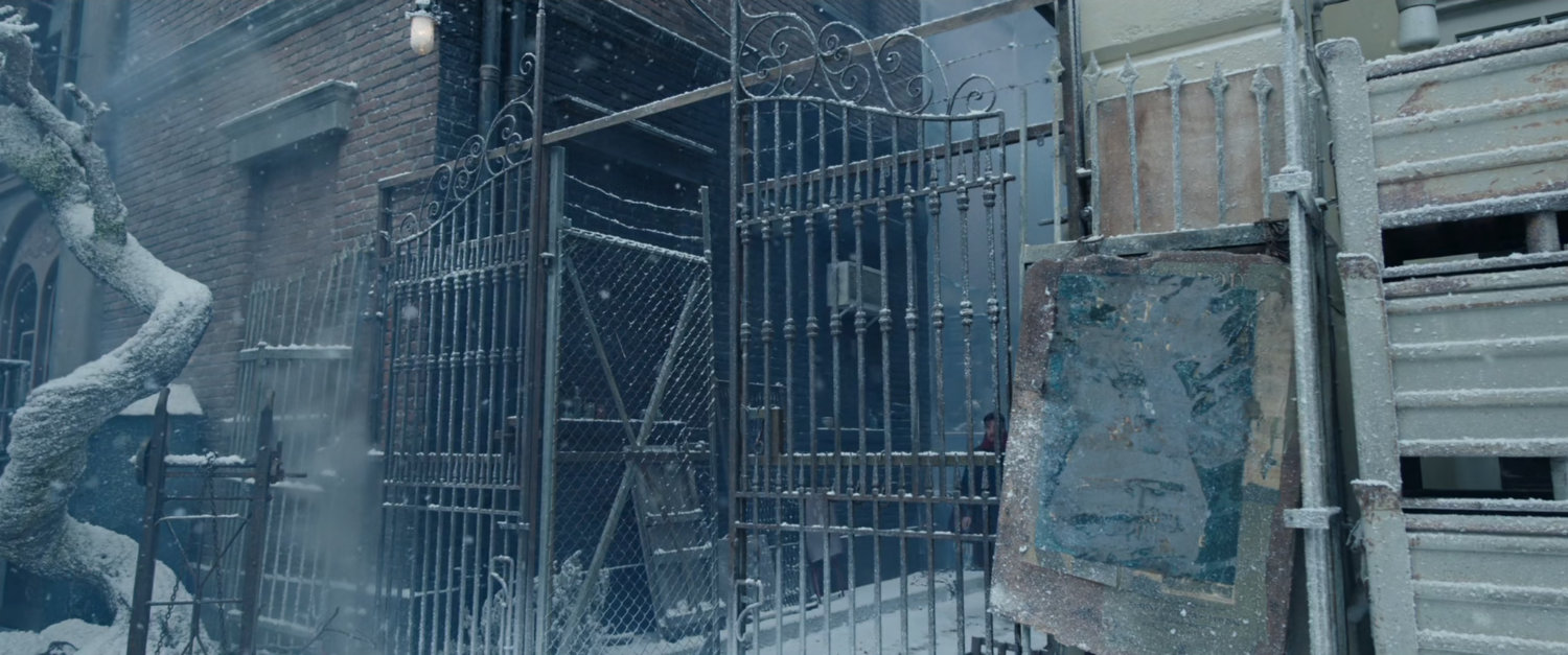 View of snowy alternate New York city alley.