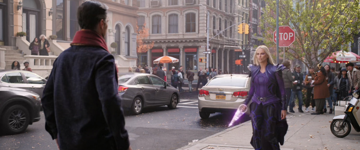 Dr Strange meets Clea on New York sidewalk.