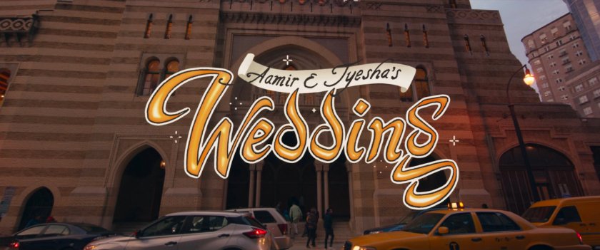 Exterior of Jersey City mosque. Text: Aamir & Tyesha's Wedding.