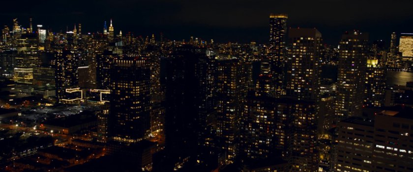 Nighttime aerial view of Jersey City.