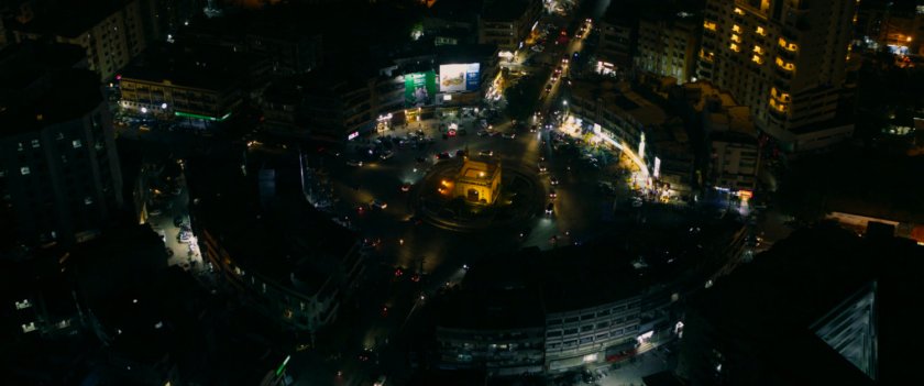 Nighttime aerial view of roundabout in Karachi.