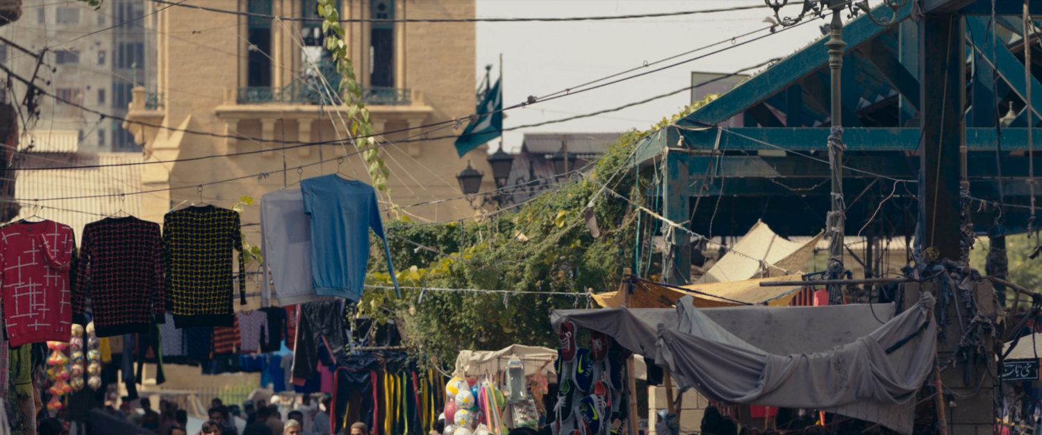 View of market stalls on Karachi street.